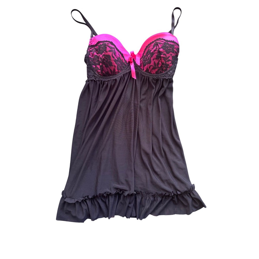 Native Intimates Black Hot Pink Lace Underwire Babydoll Chemise Lingerie 36C L